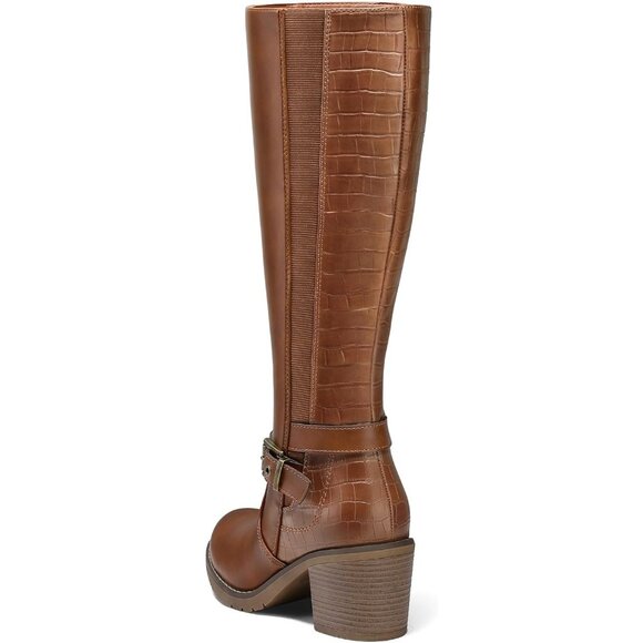 Brown Women's Knee High Boots Chunky Block Heels Side Zipper Stretchy Elastic - Picture 4 of 6